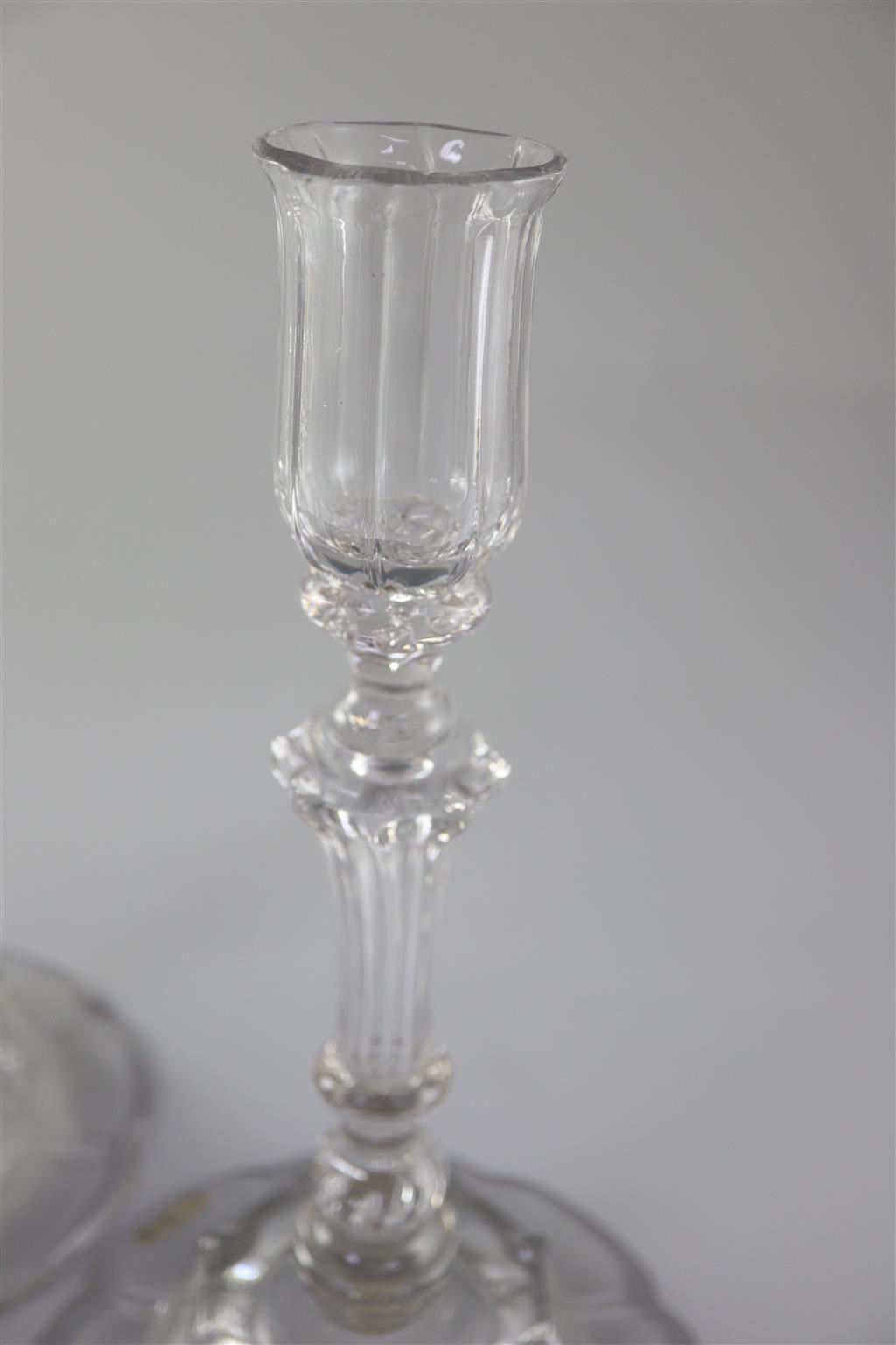 A fine pair of George II Silesian stem glass candlesticks, c.1740, 24.5cm high